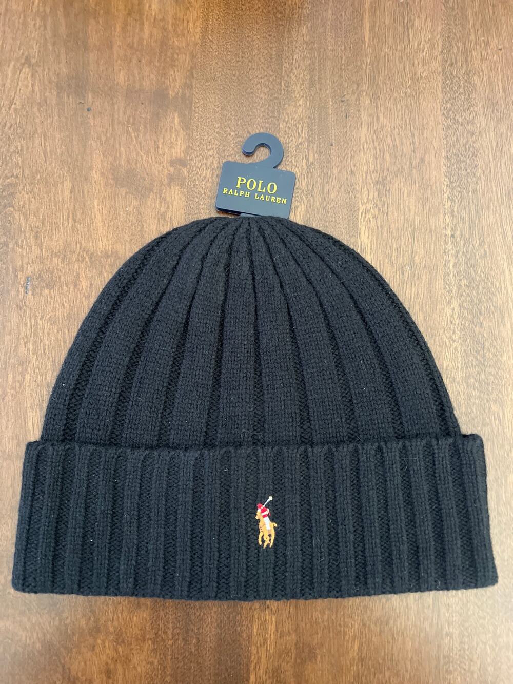 Polo Ralph Lauren Beanie Mens Black Flesh Pony Wool Blend Rib Knit Cuff NEW